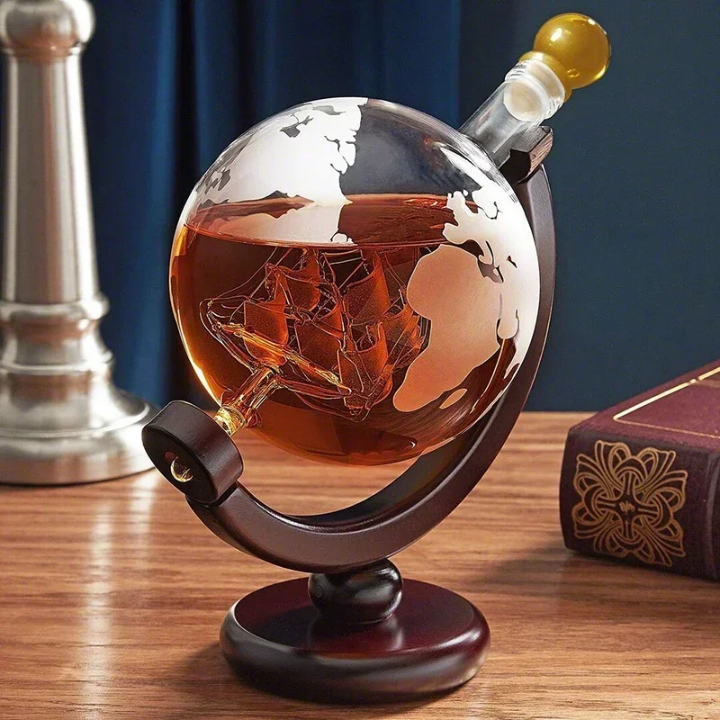 Decanter Globe Set - Kurşunsuz Sürahi, Zarif Ahşap Stand ve
